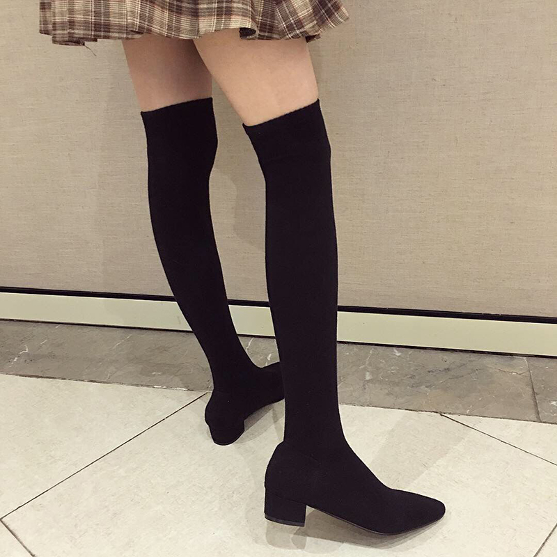 Sock Boot Women - Black Low Heel Shoes Woman Stretch