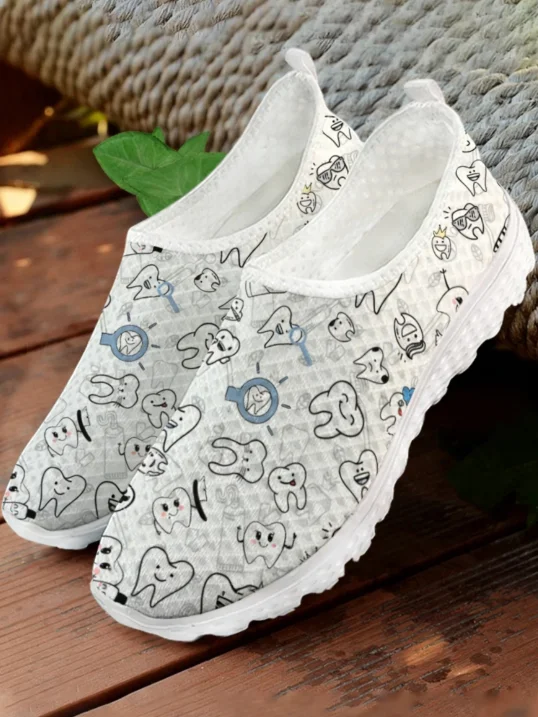 Women'S Shoes For Tennis - White Cartoon Teeth Print Mesh High