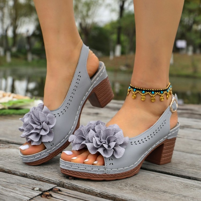 Vintage Flower Decorate Peep T - Peep Toe Heels ulasan dan harga