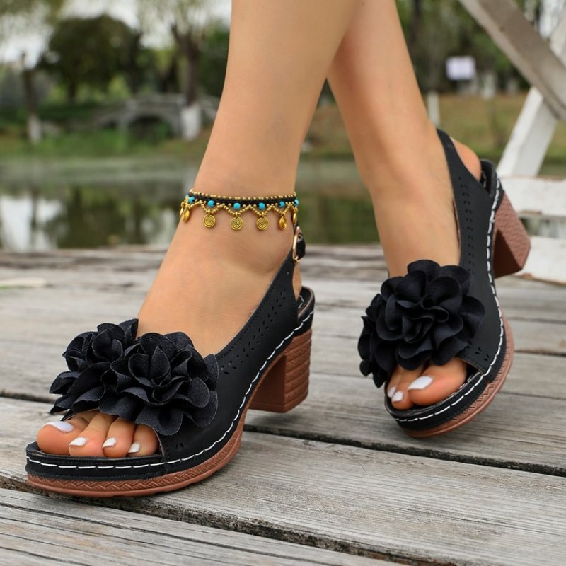 Vintage Flower Decorate Peep T - Peep Toe Heels ulasan dan harga