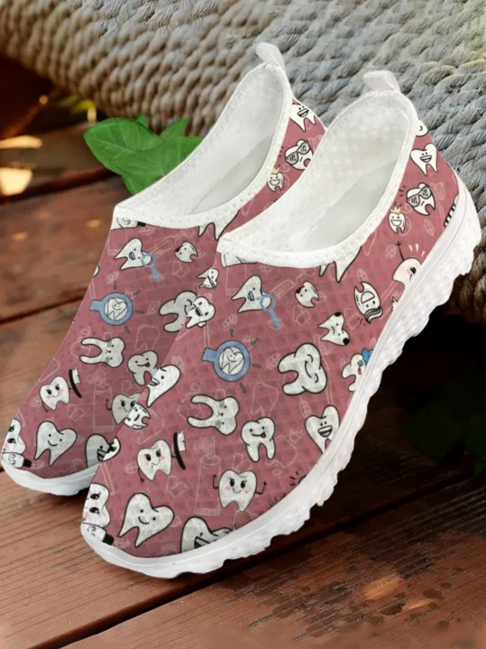 White Cartoon Teeth Print Mesh - Women'S Shoes For Tennis ulasan dan harga