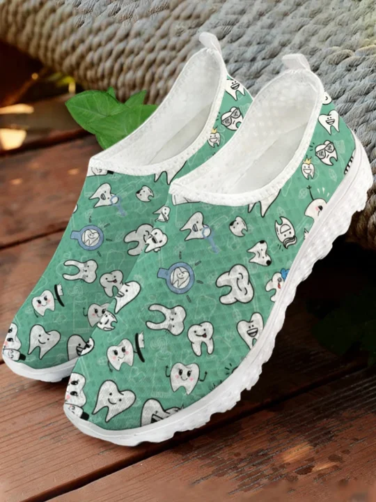 White Cartoon Teeth Print Mesh - Women'S Shoes For Tennis ulasan dan harga