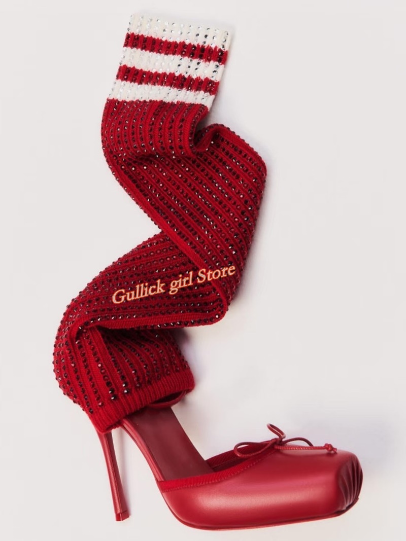 Red Knit Square Toe Boots Cut  - Sock Boot Women ulasan dan harga