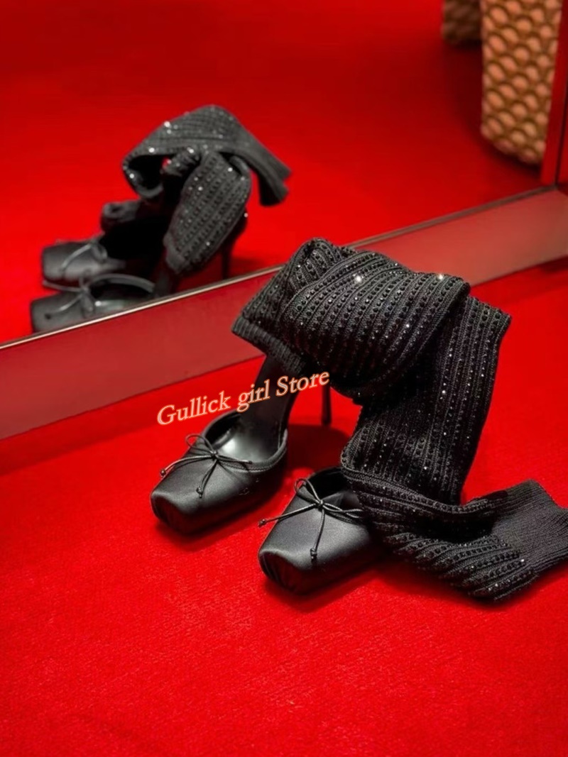 Red Knit Square Toe Boots Cut  - Sock Boot Women ulasan dan harga