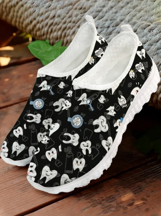 White Cartoon Teeth Print Mesh - Women'S Shoes For Tennis ulasan dan harga